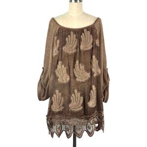 Belle France Tunic‎ Knit Top Embellished Lace Sequins Brown M Boho Cottagecore